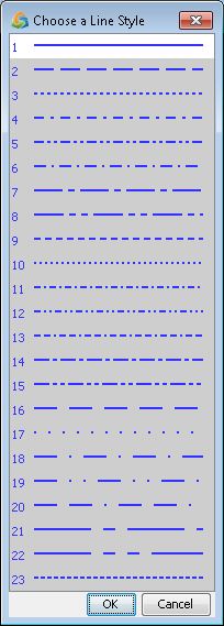 Dialog box titled Choose a Line Style with 23 numbered line styles in solid, dashed, and dotted patterns. Buttons OK and Cancel.