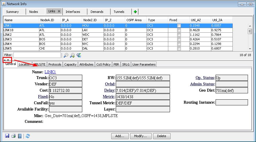 Screenshot of network management software interface showing Network Info window with tabs for navigating aspects like Summary and Links. Displays table of network links with columns for Name, NodeA ID, IP_A, OSPF Area, and Utilization metrics. Highlighted filter tool helps narrow displayed links. Detailed panel below shows selected link's info including Bandwidth, Delay, and Operational Status. Action buttons for managing links are at the bottom.