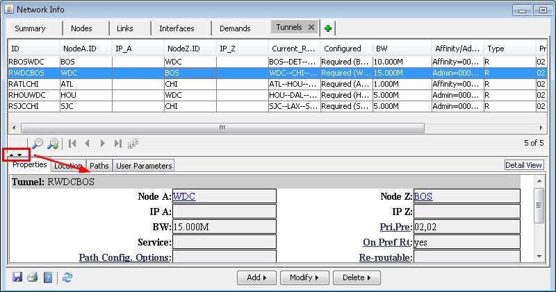 Screenshot of a network management tool showing a list of network tunnels under the Tunnels tab with details like ID, starting and ending nodes, IP addresses, current route, allocated bandwidth, and tunnel type. The lower section details a selected tunnel RWDCBOS with properties such as bandwidth 15.000M and re-routing options.