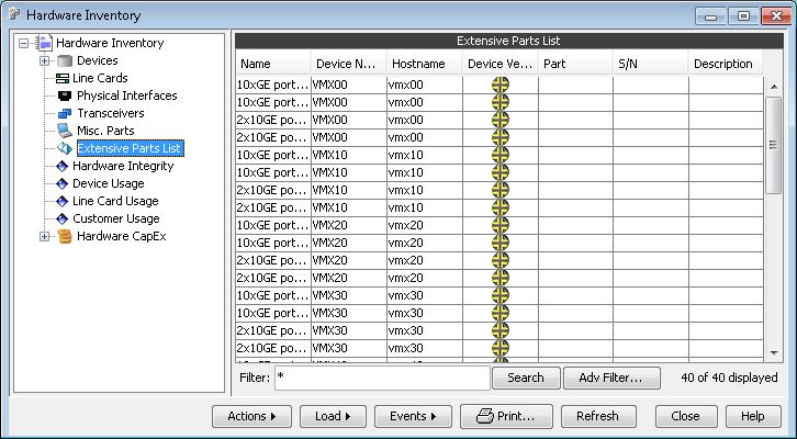 Software interface for managing hardware inventory. Left panel has a hierarchical menu with categories like Devices and Extensive Parts List selected. Right panel shows a table with columns for Name, Device Number, Hostname, Device Version, Part, S/N, and Description. Bottom has buttons for Actions, Load, Events, Print, Refresh, Close, Help, and a filter option.