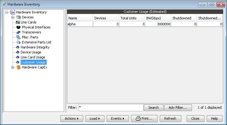 Screenshot of hardware inventory software interface with hierarchical menu on the left and customer usage table on the right showing data for alpha with 3 devices and 3000000 kbps bandwidth.