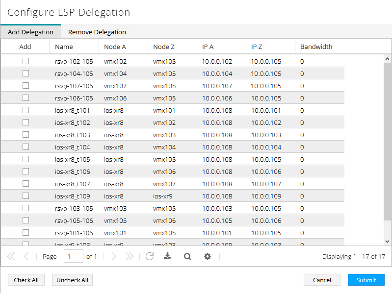 Configure LSP Delegation interface for managing MPLS paths, featuring options to add or remove delegations, a table listing LSP details, and controls for navigation and actions.