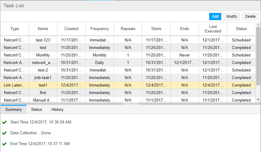 Task List interface with columns for Type, Name, Created, Frequency, Repeats, Starts, Ends, Last Executed, and Status. Tasks show statuses like Scheduled and Completed. Contains buttons for adding, modifying, and deleting tasks. Summary section displays start and end times for data collection.