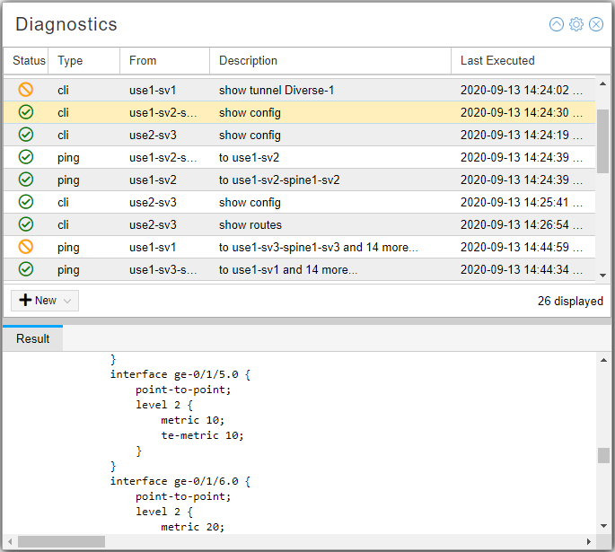 Diagnostics interface showing list of network tasks with status, type, source, description, and last execution time.