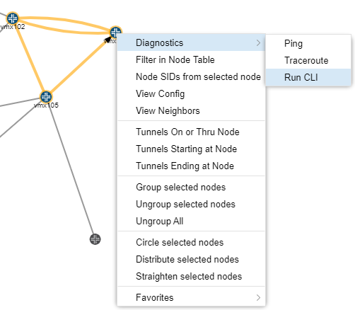 Network diagram with nodes connected by lines, context menu open with options like Diagnostics, Filter in Node Table, and View Config.