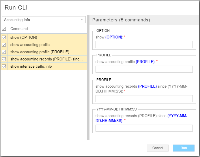 Graphical user interface titled Run CLI for executing accounting-related CLI commands with dropdown menu for categories, command list with checkboxes, parameters input section, and Cancel and Run buttons.