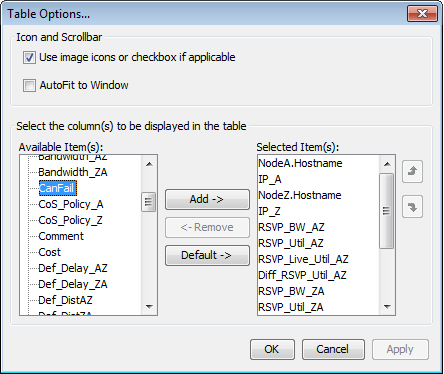 Table Options dialog box for configuring table columns with checkboxes for image icons and autofit options, column lists for selection and order adjustment, and action buttons for confirming or discarding changes.