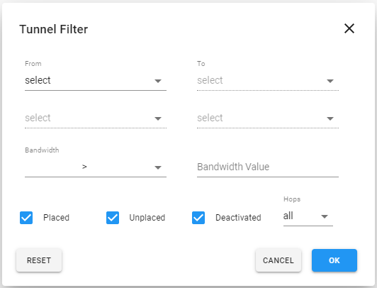 Tunnel Filter interface for filtering network tunnels with dropdowns for source and destination, bandwidth criteria, status checkboxes, hops filter, and buttons for reset, cancel, and apply.