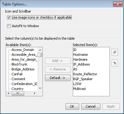 Table Options dialog box for configuring table display settings with checkbox controls for icons and AutoFit, lists for selecting columns, and buttons for adding, removing, and reordering columns.