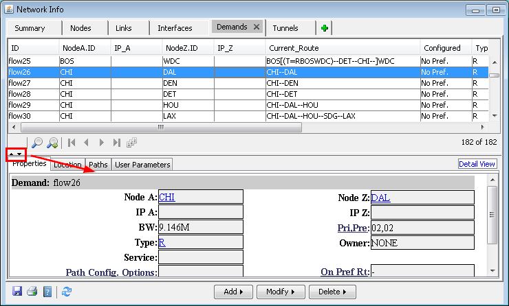 Screenshot of a network management tool interface showing a Demands Table with details for flow26: CHI to DAL, 9.146M bandwidth, type R.