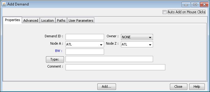 Screenshot of Add Demand interface in network tool showing tabs like Properties, fields for Demand ID, Owner, Node A, Node Z, BW, Type, and buttons Add, Close, Help.
