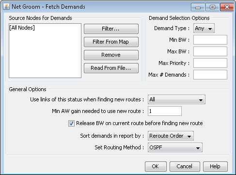 Net Groom - Fetch Demands interface for network management showing options to select nodes, specify demand parameters, and configure routing and bandwidth settings.