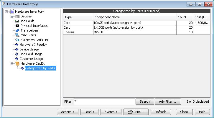Software interface for managing networking hardware inventory. Left panel shows menu with categories like Devices and Transceivers. Right panel lists hardware components by type, name, count, and estimated cost. Buttons for actions like Load and Print at bottom.