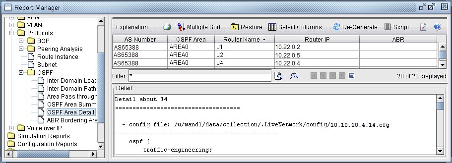 Report Manager interface for network analysis displaying OSPF details. Left panel shows OSPF categories. Main panel lists routers J1, J2, J4 with AS numbers and IPs. Bottom details router J4's config file path and OSPF settings. Toolbar options for managing reports.