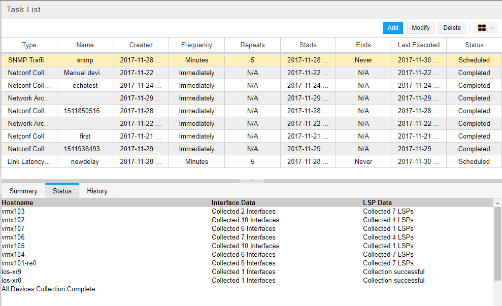 Collection Results for SNMP Traffic Task, Status Tab