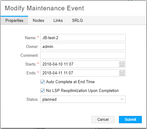 Modify Maintenance Event Window, Properties Tab