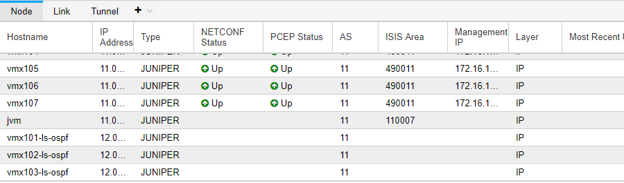 PCEP Status Column Showing Physical and Logical Nodes