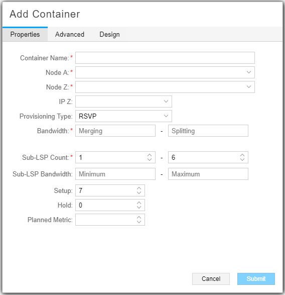 Add Container Window, Properties Tab