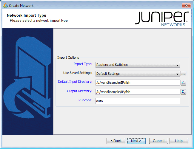 Network Import Type wizard step with options for Routers and Switches, Default Settings, input and output directories, and navigation buttons.