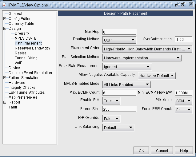 Network design tool settings window for IP/MPLS path placement with options like max hop, routing method, and MPLS settings.