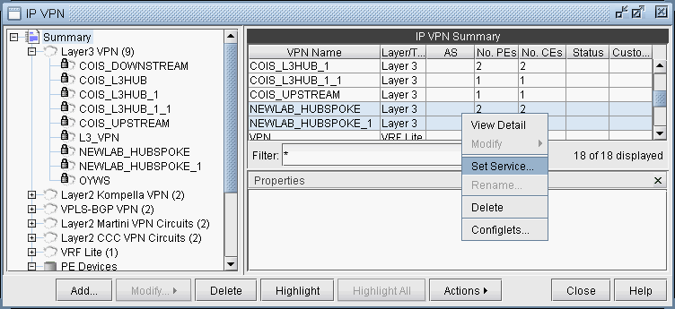 Software interface for managing IP VPNs showing a tree structure with VPN categories and a table labeled IP VPN Summary displaying VPN details with a context menu for actions.