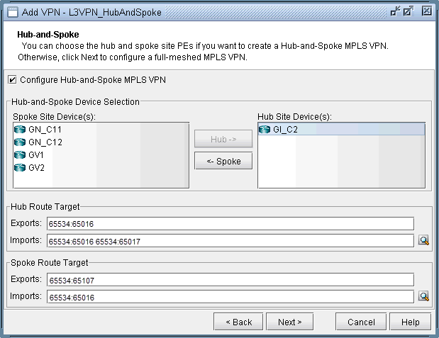 Configuration window for setting up a Hub-and-Spoke MPLS VPN. Hub-and-Spoke option is checked. Devices GN_C11, GN_C12, GV1, GV2 listed as spokes. Device GI_C2 selected as hub. Route targets for hub and spoke listed. Navigation buttons Back, Next, Cancel, Help available.