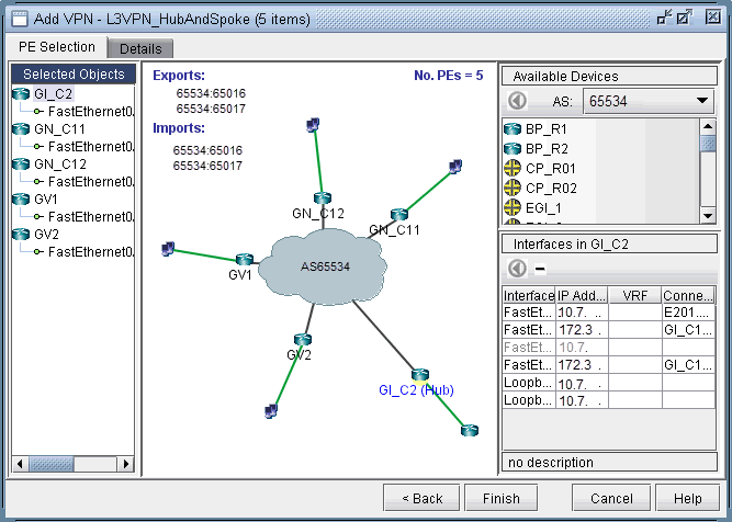 Network configuration interface for setting up Layer 3 VPN in hub-and-spoke topology with central hub Gl_C2, spokes GV1, GV2, GN_C11, GN_C12, and route targets 65534:65016, 65534:65017.