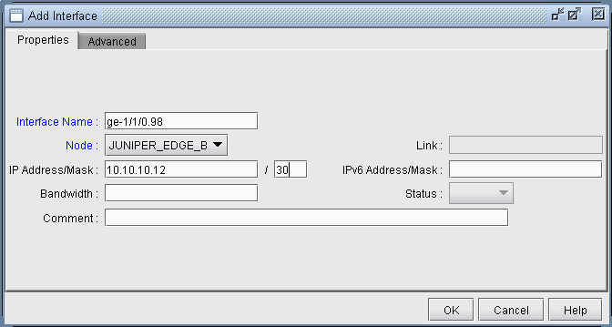 Graphical user interface for adding a network interface with fields for interface name, node, IP address/mask, IPv6 address/mask, bandwidth, link, status, and comments. Interface name set to ge-1/1/0.98, node JUNIPER_EDGE_B, IP address/mask 10.10.10.12/30. Buttons for OK, Cancel, and Help.