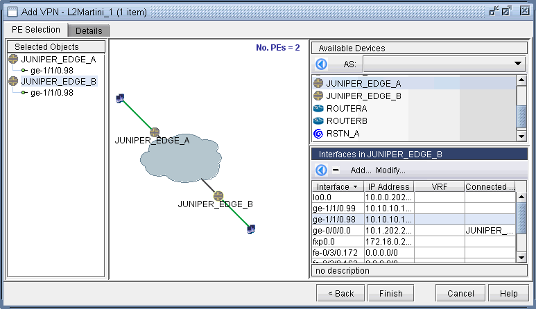 Screenshot of a network configuration interface for setting up an L2VPN using the Martini protocol. Two edge routers, JUNIPER_EDGE_A and JUNIPER_EDGE_B, are selected with interface ge-1/1/0.98. A diagram shows the routers connected through an MPLS cloud. The interface lists available devices and JUNIPER_EDGE_B's interfaces and connection status. Action buttons include Add, Modify, Finish, Cancel, and Help.