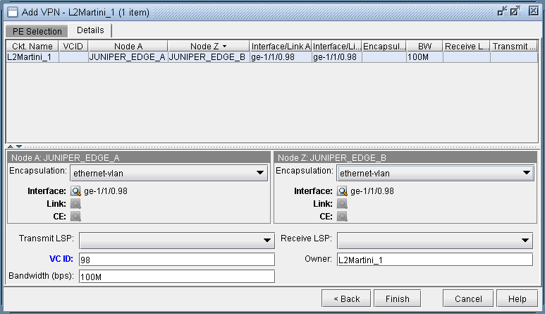 Network configuration interface for L2Martini VPN setup between Node A JUNIPER_EDGE_A and Node Z JUNIPER_EDGE_B. Encapsulation type ethernet-vlan, interface ge-1/1/0.98, bandwidth 100M, VC ID 98. Options for LSP settings and configuration owner L2Martini_1 with buttons for navigation and help.