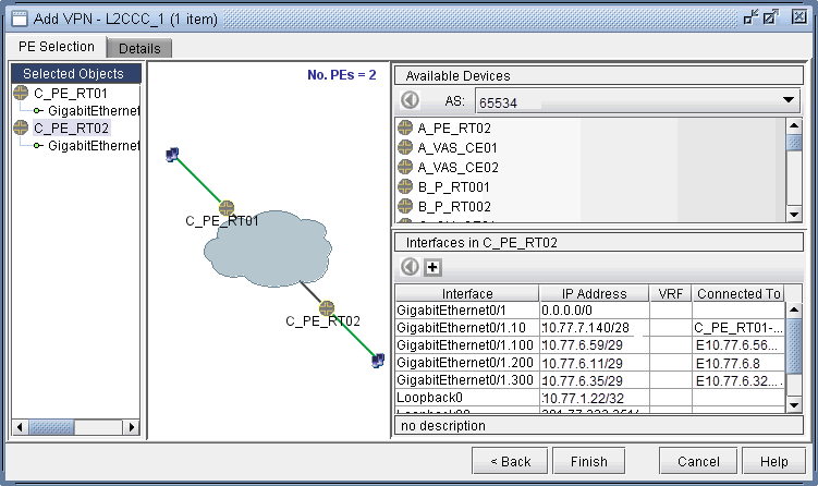 Network configuration interface showing VPN setup with routers C_PE_RT01 and C_PE_RT02, interfaces highlighted, and options to navigate.