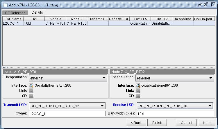 Configure Layer 2 VPN interface titled Add VPN - L2CCC_1 with 10M bandwidth, endpoints C_PE_RT01 and C_PE_RT02, and Ethernet encapsulation.