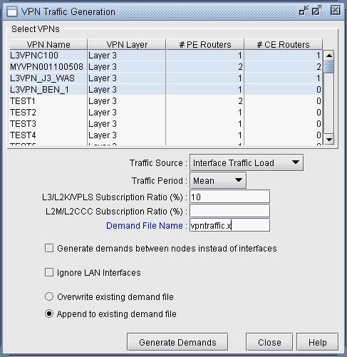 Screenshot of a VPN traffic generation tool with options to configure VPNs, select traffic source, set parameters, name demand files, and generate demands.