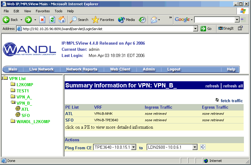WANDL IP/MPLSView interface showing VPN management with selected VPN_B_ details including PE List ATL and SFO and VRF VPN-B-NMX and VPN-B-TPE3640.