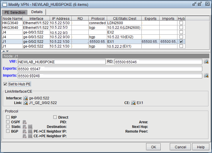 Network configuration interface for VPN NEWLAB_HUBSPOKE with settings for nodes, interfaces, IP addresses, and routing protocols.