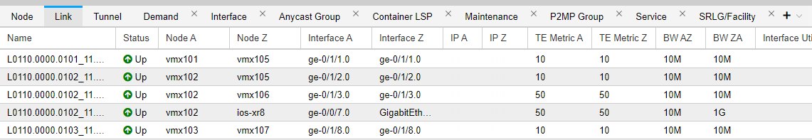 Screenshot of a network tool showing links between nodes with details like name, status, interfaces, IPs, bandwidth, and utilization.