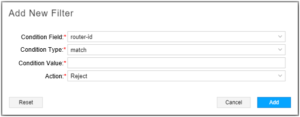 User interface for adding a new filter with fields for condition, type, value, and action. Buttons: Reset, Cancel, and Add.