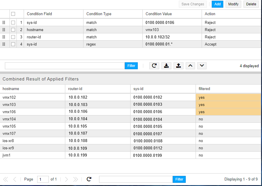Screenshot of a filtering configuration interface in a network tool, showing fields for sys-id, hostname, router-id, match types, and actions. Displays controls for managing filter rules and a table of devices with filter results.