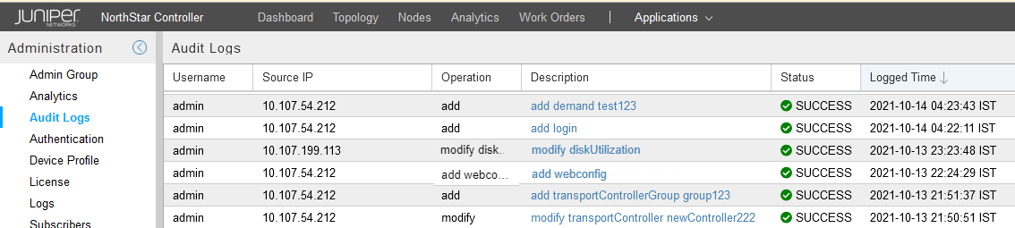 Audit Logs section of Juniper Networks NorthStar Controller showing table of admin actions with columns Username, Source IP, Operation, Description, Status, and Logged Time. Navigation options for administrative functions are on the left.
