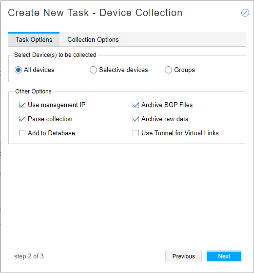 Create New Task interface for device collection in a network tool. Task Options tab active. Step 2 of 3. Select devices and configure settings.