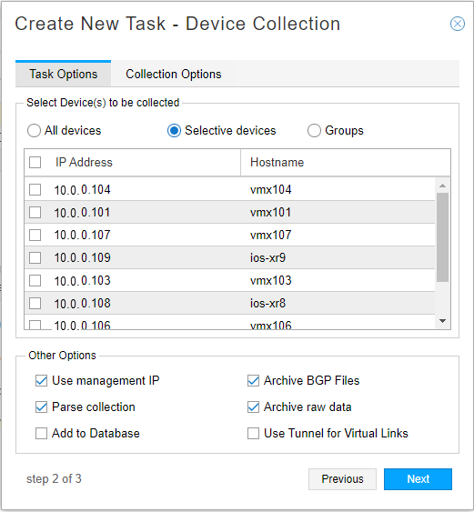 Configuration interface for creating a network task. Device selection with IP addresses and hostnames, task options like use management IP, parse collection, archive data, step 2 of 3 navigation.