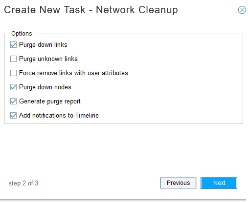 Screenshot of a software interface showing selected options for a network cleanup task including purging links and nodes.