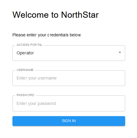 Login page for NorthStar with "Welcome to NorthStar" title, dropdown for access portal set to Operator, username and password fields, and blue "SIGN IN" button.