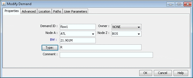 Modify Demand dialog box for network design with fields: Demand ID flow1, Owner NONE, Node A ATL, Node Z BOS, BW 21.901M, Type R, Comment empty. Tabs: Advanced, Location, Paths, User Parameters. Buttons: OK, Cancel, Help.
