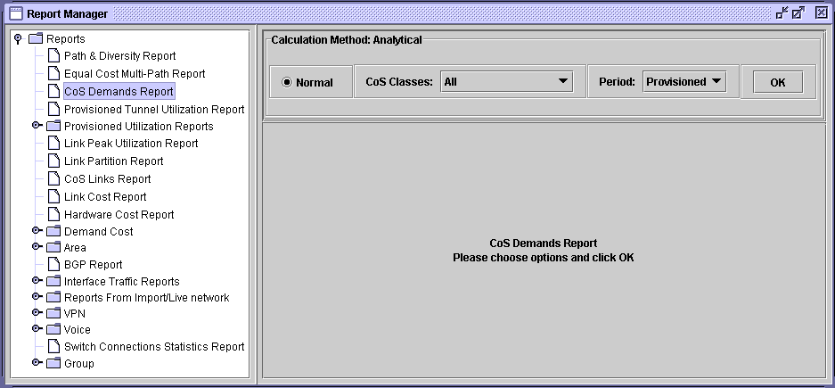 Report Manager interface for generating network reports with a menu of report categories and CoS Demands Report configuration options.