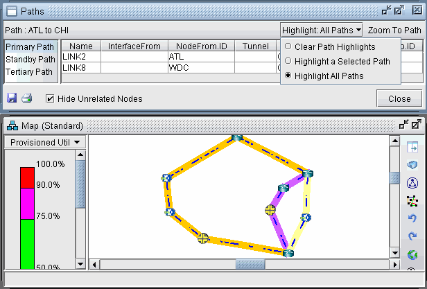 Network visualization tool showing paths table with primary, standby, tertiary paths and map with nodes and color-coded links for utilization.
