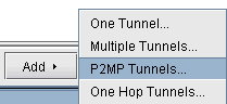 Dropdown menu titled Add with options for One Tunnel, Multiple Tunnels, P2MP Tunnels, and One Hop Tunnels. P2MP Tunnels is highlighted.