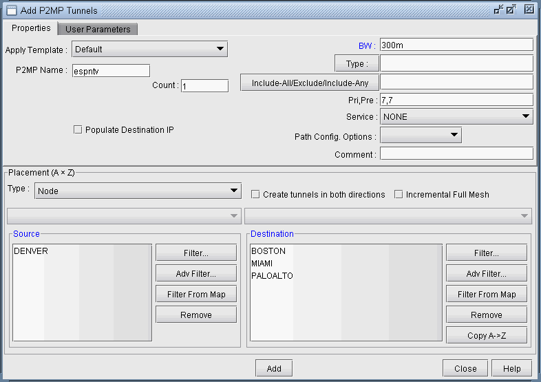 Graphical user interface for configuring Point-to-Multipoint tunnels, featuring sections for tunnel properties, node placement, options, and action buttons.