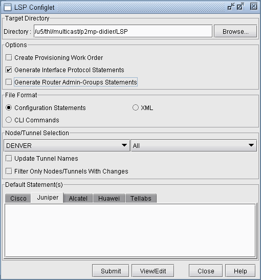 LSP Configlet interface with fields for target directory, options, file format, node/tunnel selection, and vendor tabs. Buttons: Submit, View/Edit, Close, Help.