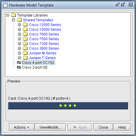 Hardware Model Template tool interface showing a list of network hardware models, highlighting Cisco 4-port OC192, with 4 ports displayed as green dots. Buttons include View/Modify, Apply, Close, and Help.